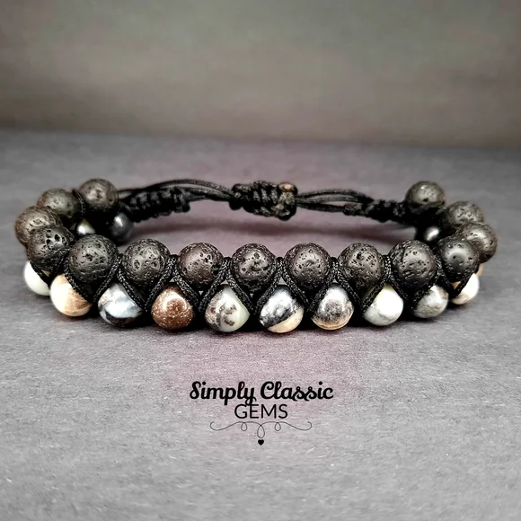 "Sold" Double Shamballa Bracelet. Lava stone & Agate, Men's - Picture 2 of 4